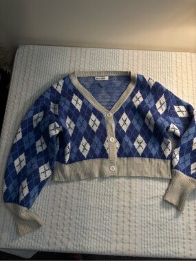 Grace Karin Blue and Cream Argyle Cropped Cardigan Sweater